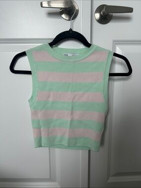 Zara Mint Green & Blush Pink Striped Sleeveless Knit Top